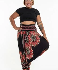 HaremPants.com Plus Size Peony Mandalas Drop Crotch Women's Harem Pants In Black