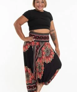 HaremPants.com Plus Size Peony Mandalas Drop Crotch Women's Harem Pants In Black