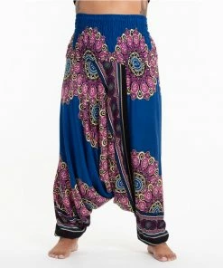 HaremPants.com Plus Size Peony Mandalas Drop Crotch Women's Harem Pants In Blue