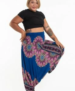 HaremPants.com Plus Size Peony Mandalas Drop Crotch Women's Harem Pants In Blue