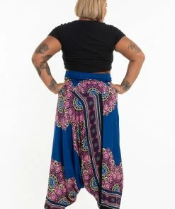 HaremPants.com Plus Size Peony Mandalas Drop Crotch Women's Harem Pants In Blue