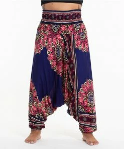 HaremPants.com Plus Size Peony Mandalas Drop Crotch Women's Harem Pants In Indigo