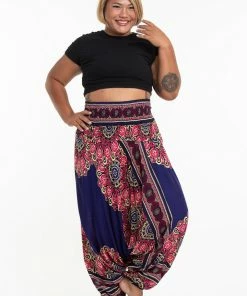 HaremPants.com Plus Size Peony Mandalas Drop Crotch Women's Harem Pants In Indigo
