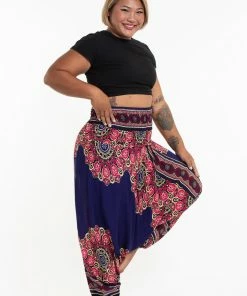 HaremPants.com Plus Size Peony Mandalas Drop Crotch Women's Harem Pants In Indigo