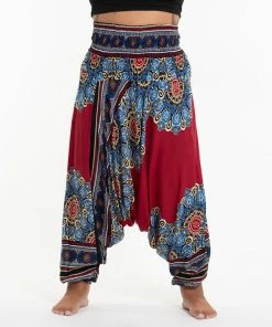 HaremPants.com Plus Size Peony Mandalas Drop Crotch Women's Harem Pants In Red