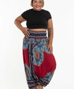 HaremPants.com Plus Size Peony Mandalas Drop Crotch Women's Harem Pants In Red