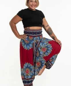 HaremPants.com Plus Size Peony Mandalas Drop Crotch Women's Harem Pants In Red