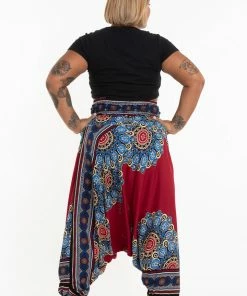 HaremPants.com Plus Size Peony Mandalas Drop Crotch Women's Harem Pants In Red