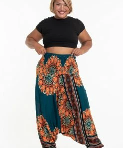 HaremPants.com Plus Size Peony Mandalas Drop Crotch Women's Harem Pants In Teal