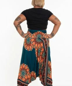 HaremPants.com Plus Size Peony Mandalas Drop Crotch Women's Harem Pants In Teal