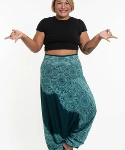 HaremPants.com Plus Size Floral Mandalas Drop Crotch Women's Harem Pants In Teal