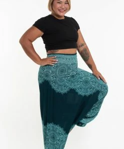 HaremPants.com Plus Size Floral Mandalas Drop Crotch Women's Harem Pants In Teal
