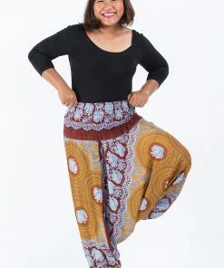 HaremPants.com Plus Size Mandala Elephant Drop Crotch Women's Elephant Pants In Bronze
