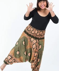HaremPants.com Plus Size Mandala Elephant Drop Crotch Women's Elephant Pants In Olive