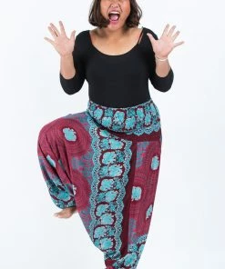 HaremPants.com Plus Size Mandala Elephant Drop Crotch Women's Elephant Pants In Red
