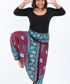 HaremPants.com Plus Size Mandala Elephant Drop Crotch Women's Elephant Pants In Red