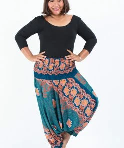 HaremPants.com Plus Size Mandala Elephant Drop Crotch Women's Elephant Pants In Turquoise