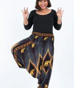 HaremPants.com Plus Size Peacock Elephant Drop Crotch Women's Elephant Pants In Black