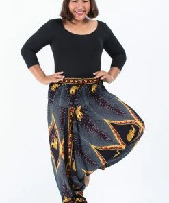 HaremPants.com Plus Size Peacock Elephant Drop Crotch Women's Elephant Pants In Black
