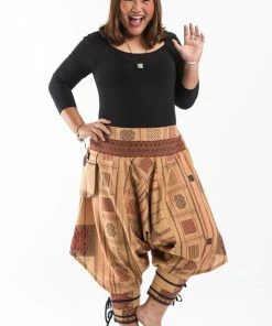 HaremPants.com Women's Plus Size Thai Hill Tribe Fabric Women Harem Pants With Ankle Straps In Beige