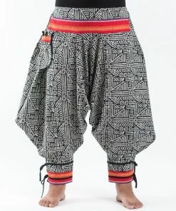 HaremPants.com Women's Plus Size Woven Prints Thai Hill Tribe Fabric Women Harem Pants With Ankle Straps In Black