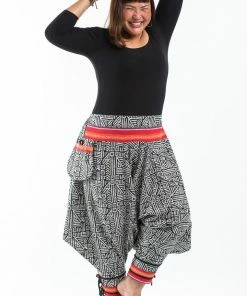 HaremPants.com Women's Plus Size Woven Prints Thai Hill Tribe Fabric Women Harem Pants With Ankle Straps In Black