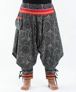 HaremPants.com Plus Size Swirls Prints Thai Hill Tribe Fabric Women Harem Pants With Ankle Straps In Black Women's