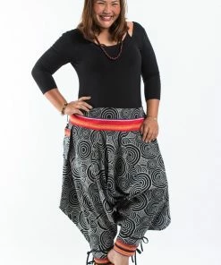 HaremPants.com Plus Size Swirls Prints Thai Hill Tribe Fabric Women Harem Pants With Ankle Straps In Black Women's