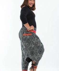 HaremPants.com Plus Size Swirls Prints Thai Hill Tribe Fabric Women Harem Pants With Ankle Straps In Black Women's