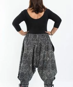 HaremPants.com Plus Size Swirls Prints Thai Hill Tribe Fabric Women Harem Pants With Ankle Straps In Black Women's