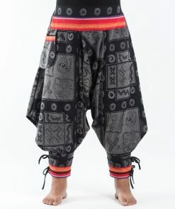 HaremPants.com Plus Size Black And Gray Thai Hill Tribe Fabric Women Harem Pants With Ankle Straps