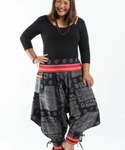 HaremPants.com Plus Size Black And Gray Thai Hill Tribe Fabric Women Harem Pants With Ankle Straps