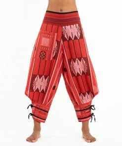 HaremPants.com Thai Hill Tribe Fabric Women's Harem Pants With Ankle Straps In Red