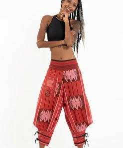 HaremPants.com Thai Hill Tribe Fabric Women's Harem Pants With Ankle Straps In Red
