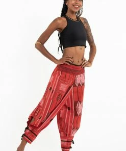 HaremPants.com Thai Hill Tribe Fabric Women's Harem Pants With Ankle Straps In Red