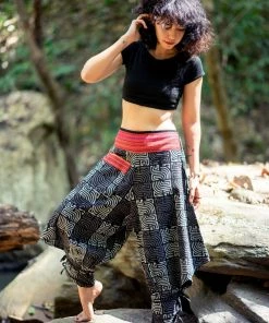 HaremPants.com Maze Prints Thai Hill Tribe Fabric Women's Harem Pants With Ankle Straps In Black