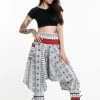 HaremPants.com Traditional Prints Thai Hill Tribe Fabric Women's Harem Pants With Ankle Straps In White