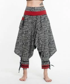 HaremPants.com Woven Prints Thai Hill Tribe Fabric Women's Harem Pants With Ankle Straps In Black