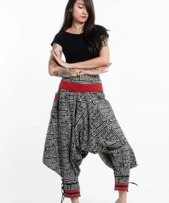 HaremPants.com Woven Prints Thai Hill Tribe Fabric Women's Harem Pants With Ankle Straps In Black