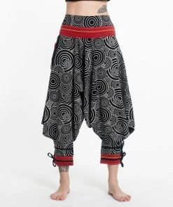 HaremPants.com Swirls Prints Thai Hill Tribe Fabric Women's Harem Pants With Ankle Straps In Black