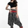 HaremPants.com Swirls Prints Thai Hill Tribe Fabric Women's Harem Pants With Ankle Straps In Black