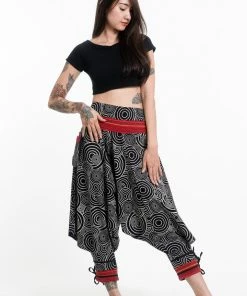 HaremPants.com Swirls Prints Thai Hill Tribe Fabric Women's Harem Pants With Ankle Straps In Black