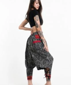 HaremPants.com Swirls Prints Thai Hill Tribe Fabric Women's Harem Pants With Ankle Straps In Black