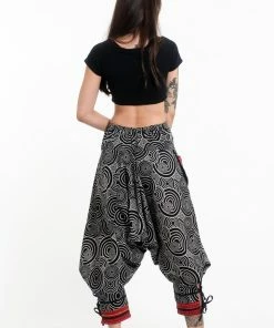 HaremPants.com Swirls Prints Thai Hill Tribe Fabric Women's Harem Pants With Ankle Straps In Black