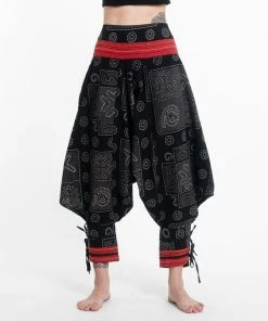 HaremPants.com Black And Gray Thai Hill Tribe Fabric Women's Harem Pants With Ankle Straps