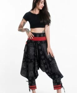 HaremPants.com Black And Gray Thai Hill Tribe Fabric Women's Harem Pants With Ankle Straps