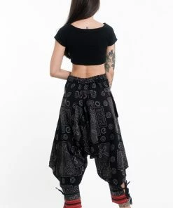 HaremPants.com Black And Gray Thai Hill Tribe Fabric Women's Harem Pants With Ankle Straps
