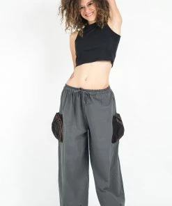 HaremPants.com Thai Cotton Women Drawstring Pants With Hill Tribe Trim Dark Gray Women's