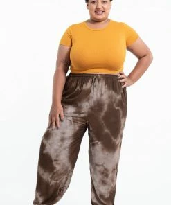 HaremPants.com Plus Size Tie Dye Drawstring Women's Yoga Massage Pants In Brown