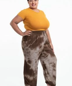 HaremPants.com Plus Size Tie Dye Drawstring Women's Yoga Massage Pants In Brown